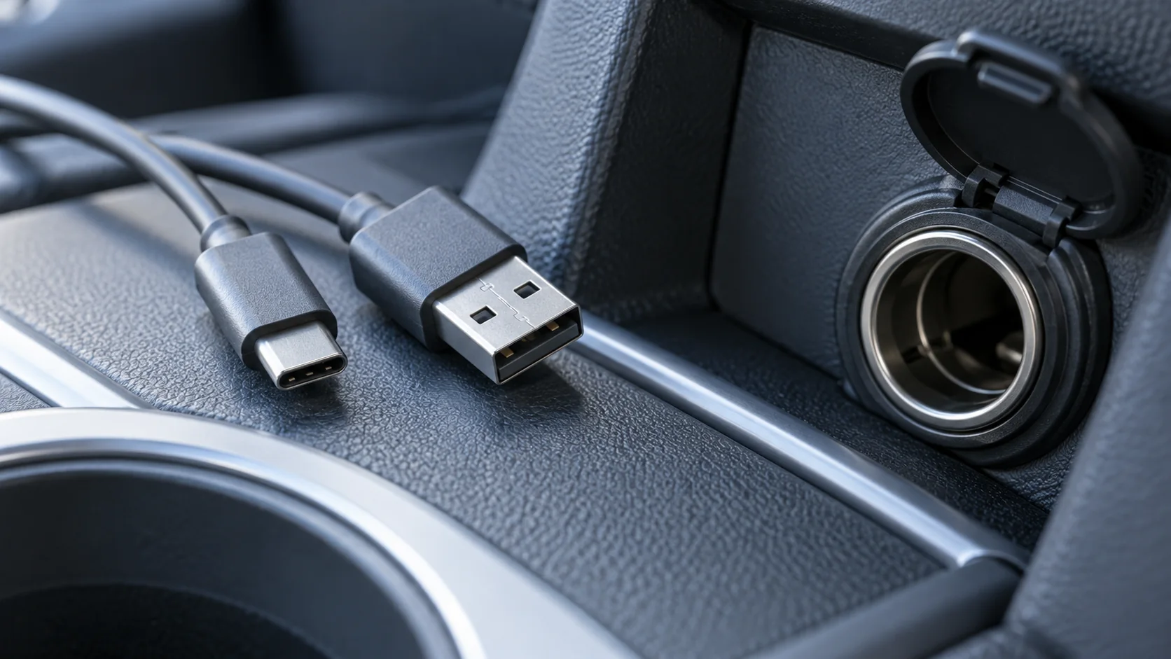 Deux connecteurs USB-C et USB-A près de la prise 12 V d’une voiture