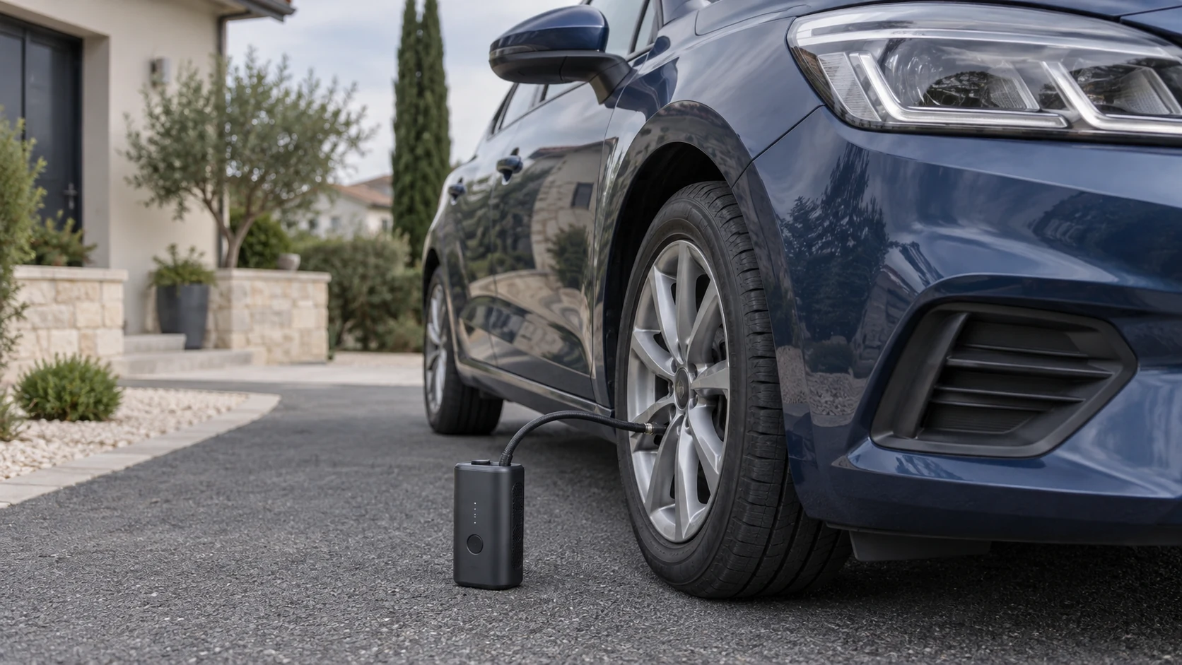 Illustration d’un gonfleur portable générique relié à la roue d’une voiture stationnée