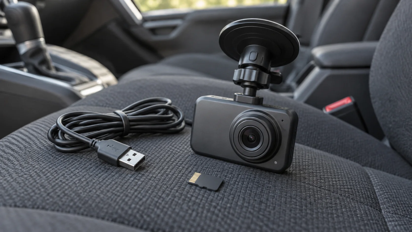 Une carte microSD et un câble près d’une dashcam générique