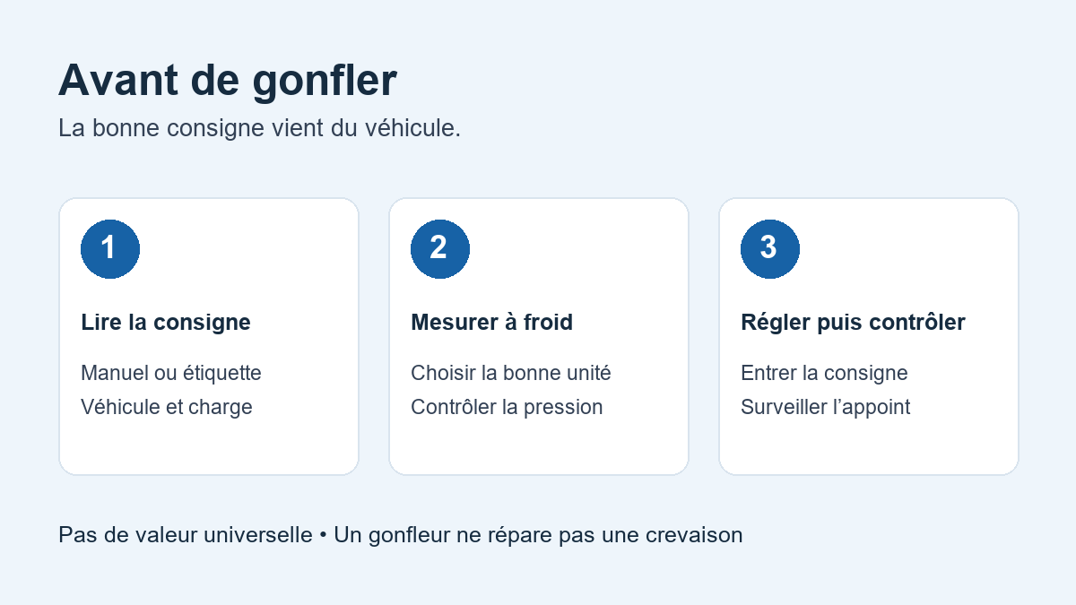 Trois étapes : lire la consigne du véhicule, mesurer à froid, régler puis contrôler